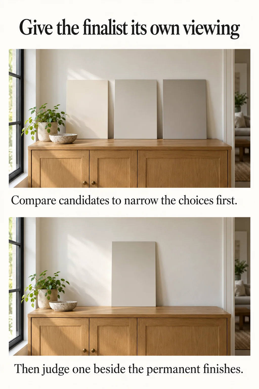 Several paint candidates followed by one isolated finalist shows two stages of choosing a wall color.