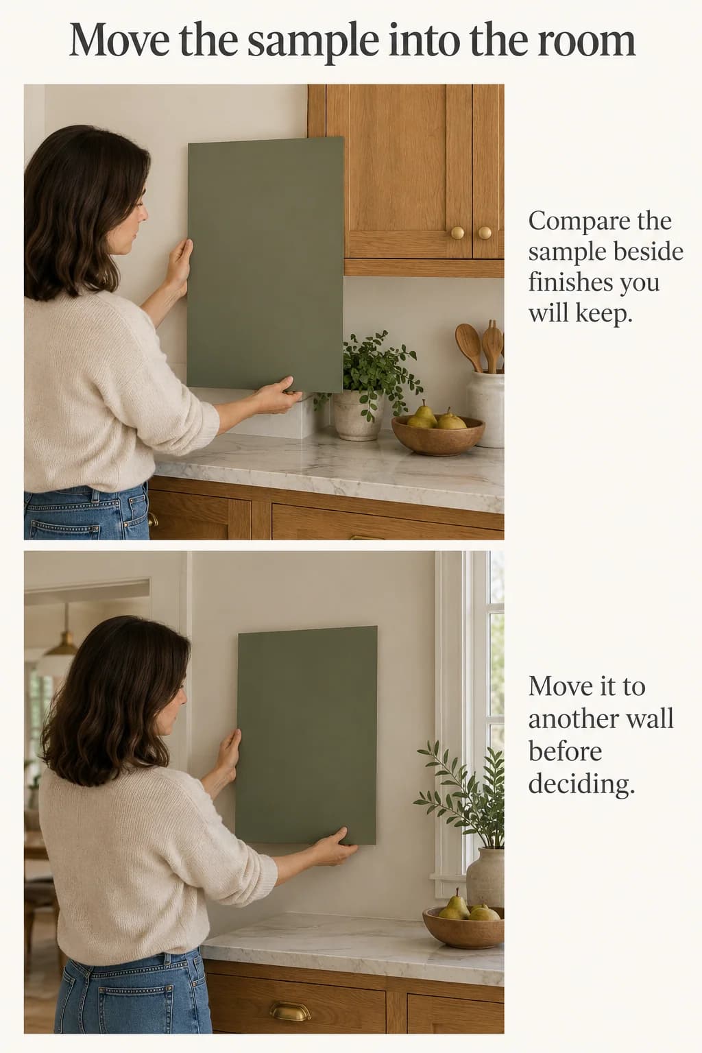 A movable paint sample beside cabinets and on a shaded wall shows how to evaluate fixed finishes and location.