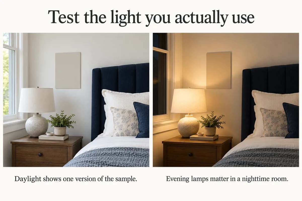 The same bedroom paint sample in daylight and lamplight demonstrates why both viewing conditions matter.
