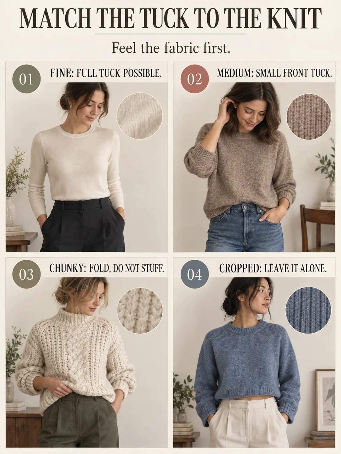 MATCH THE TUCK TO THE KNIT guide for how to tuck a sweater without bulk