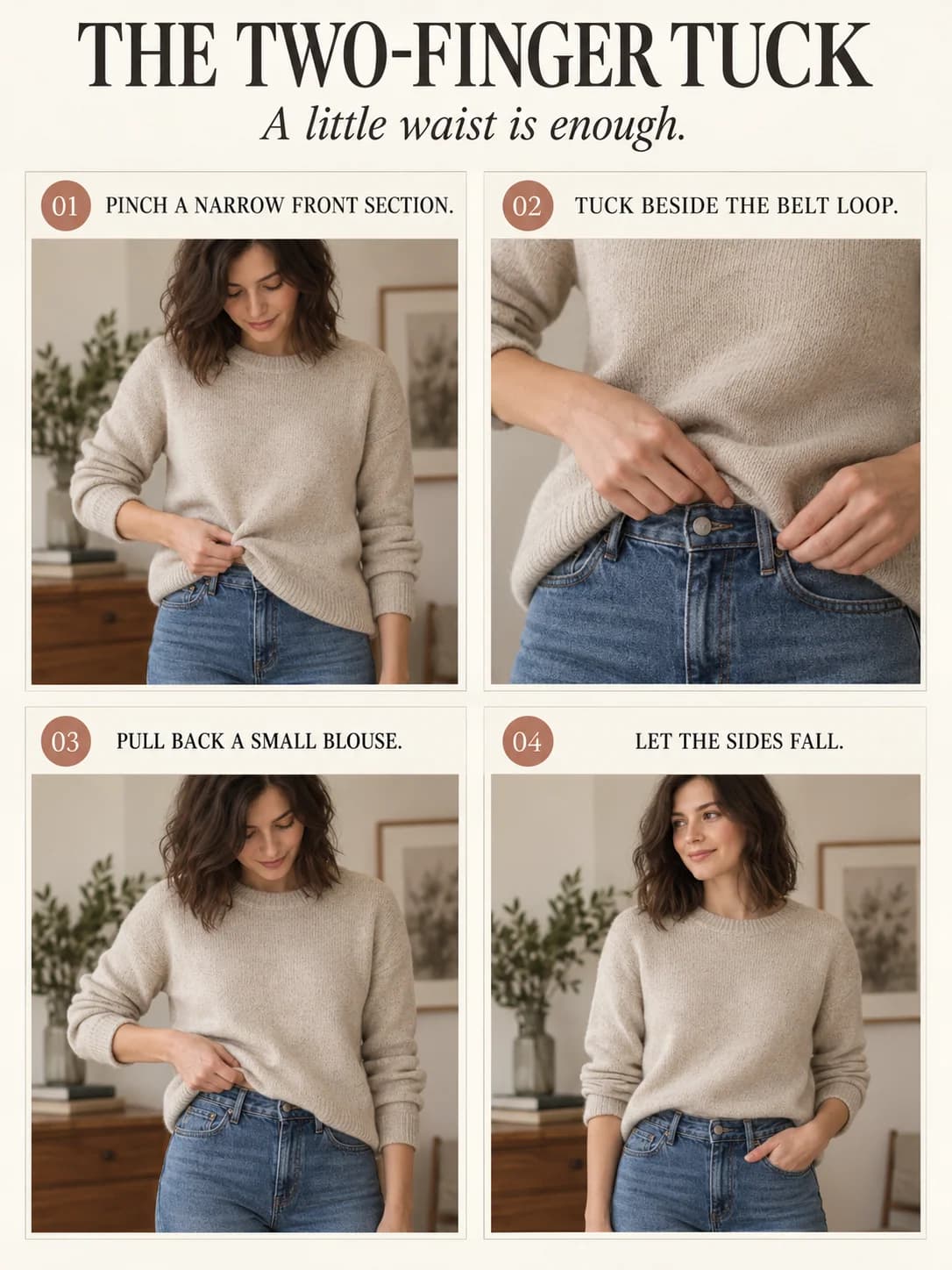 THE TWO-FINGER TUCK guide for how to tuck a sweater without bulk