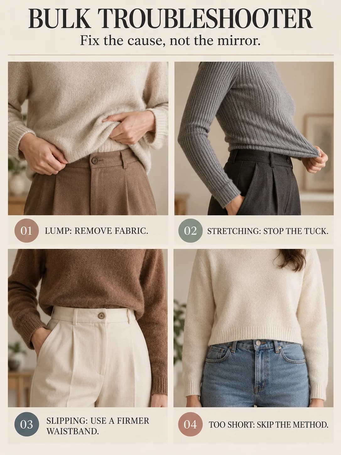 BULK TROUBLESHOOTER guide for how to tuck a sweater without bulk