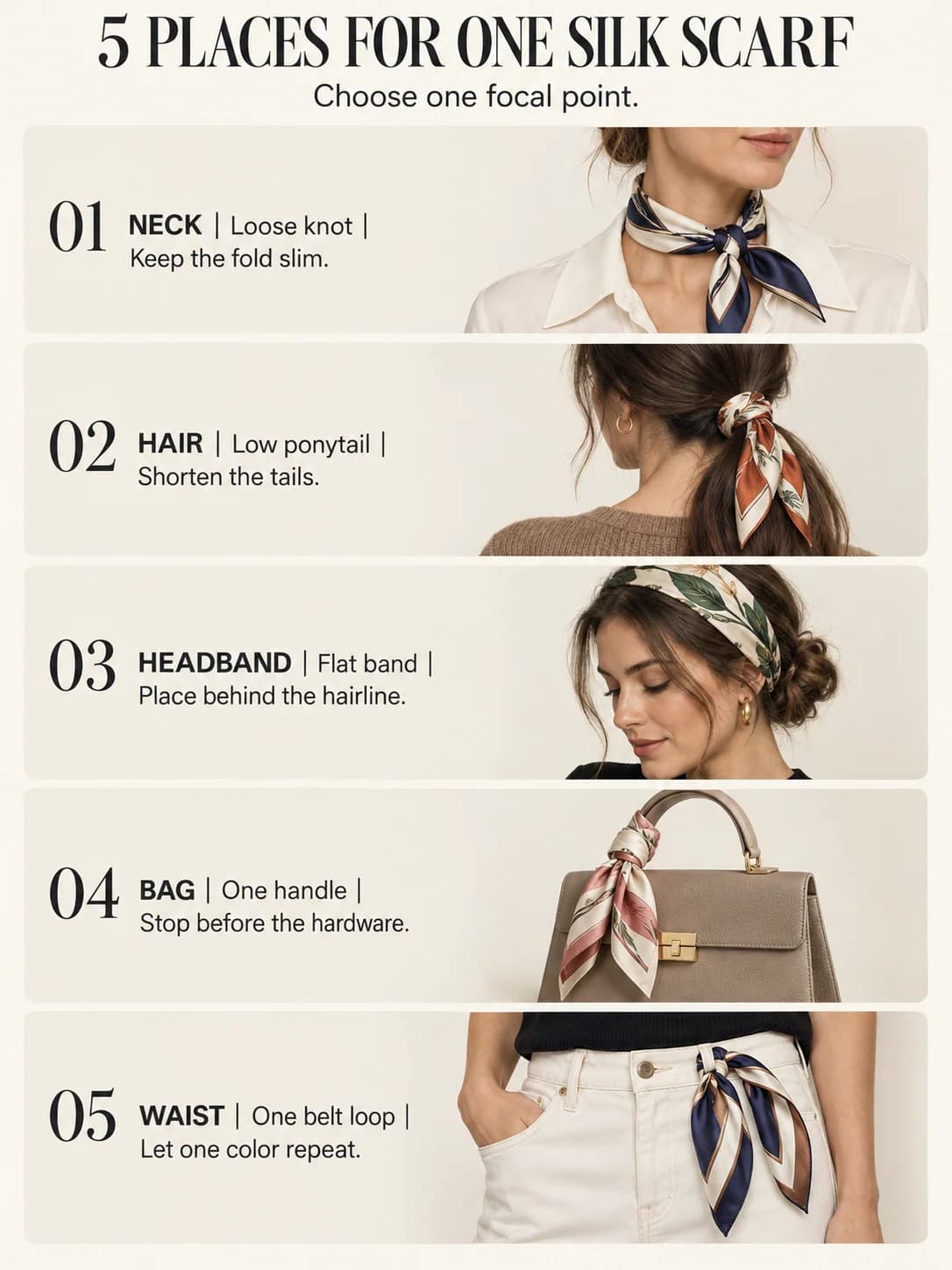 Educational guide titled 5 PLACES FOR ONE SILK SCARF