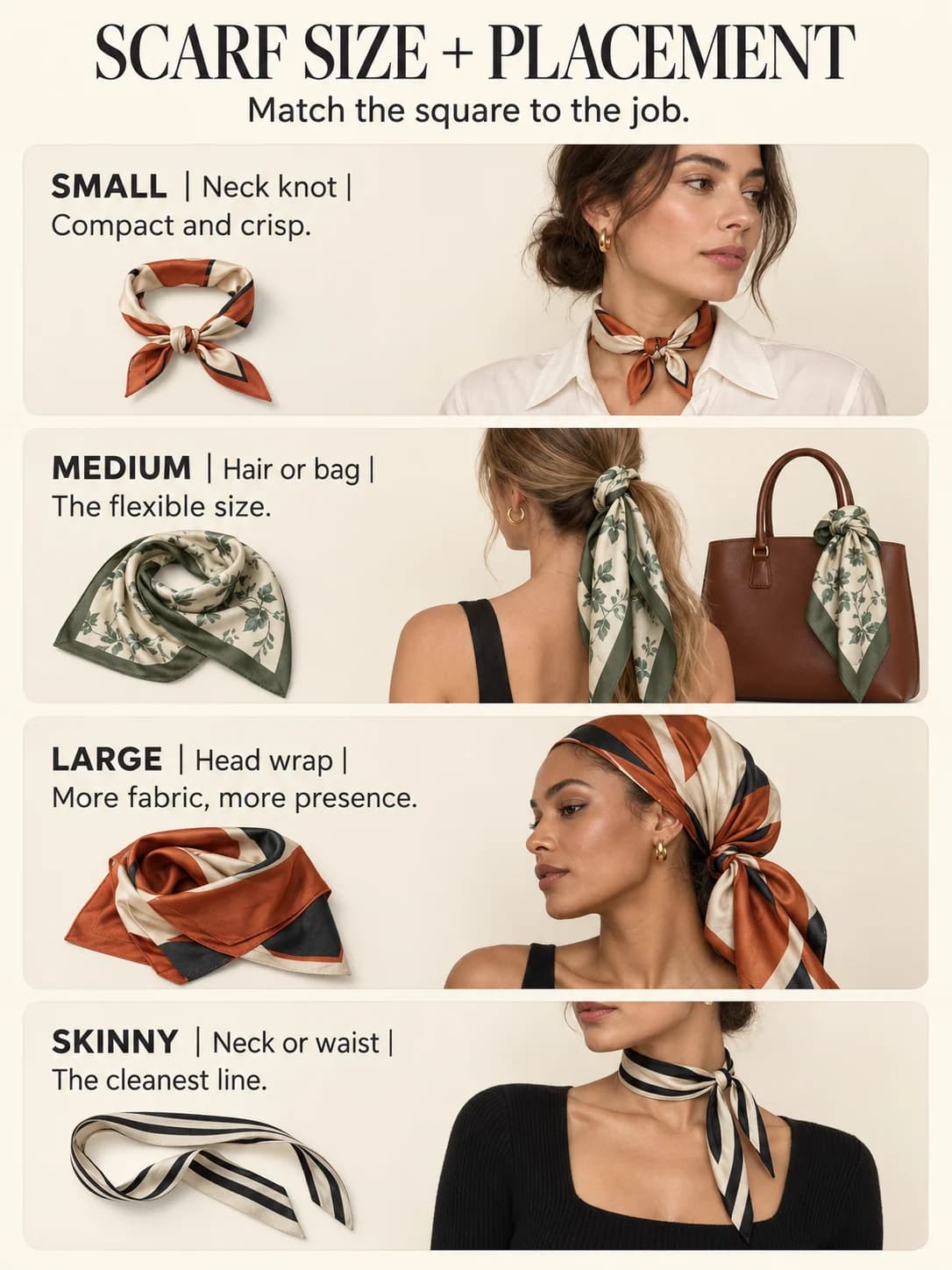 Educational guide titled SCARF SIZE + PLACEMENT