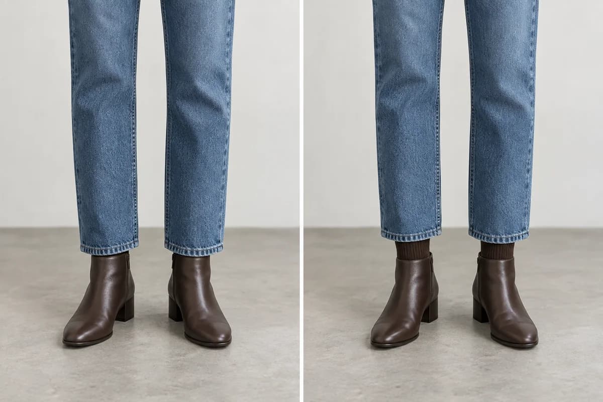 Straight-leg jeans overlap a slim taller ankle-boot shaft on the left and finish above a lower shaft on the right.