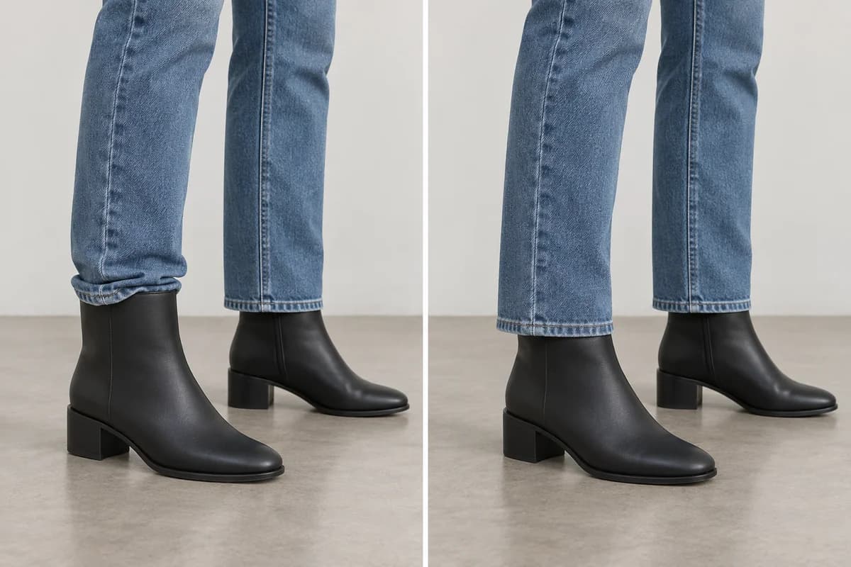 The same straight-leg hem catches on a wide boot shaft on the left and drops smoothly over a narrower shaft on the right.