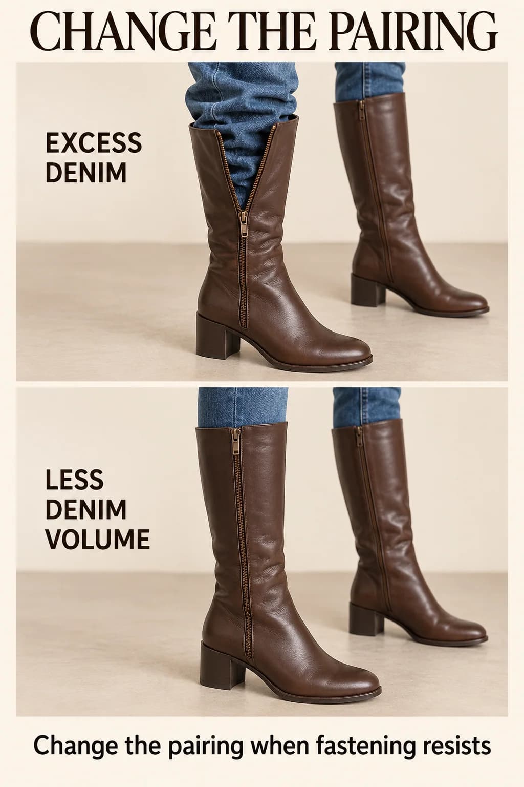 A knee boot zipper stops over bulky denim but closes with less denim volume, showing that a resistant fastening calls for a different pairing.