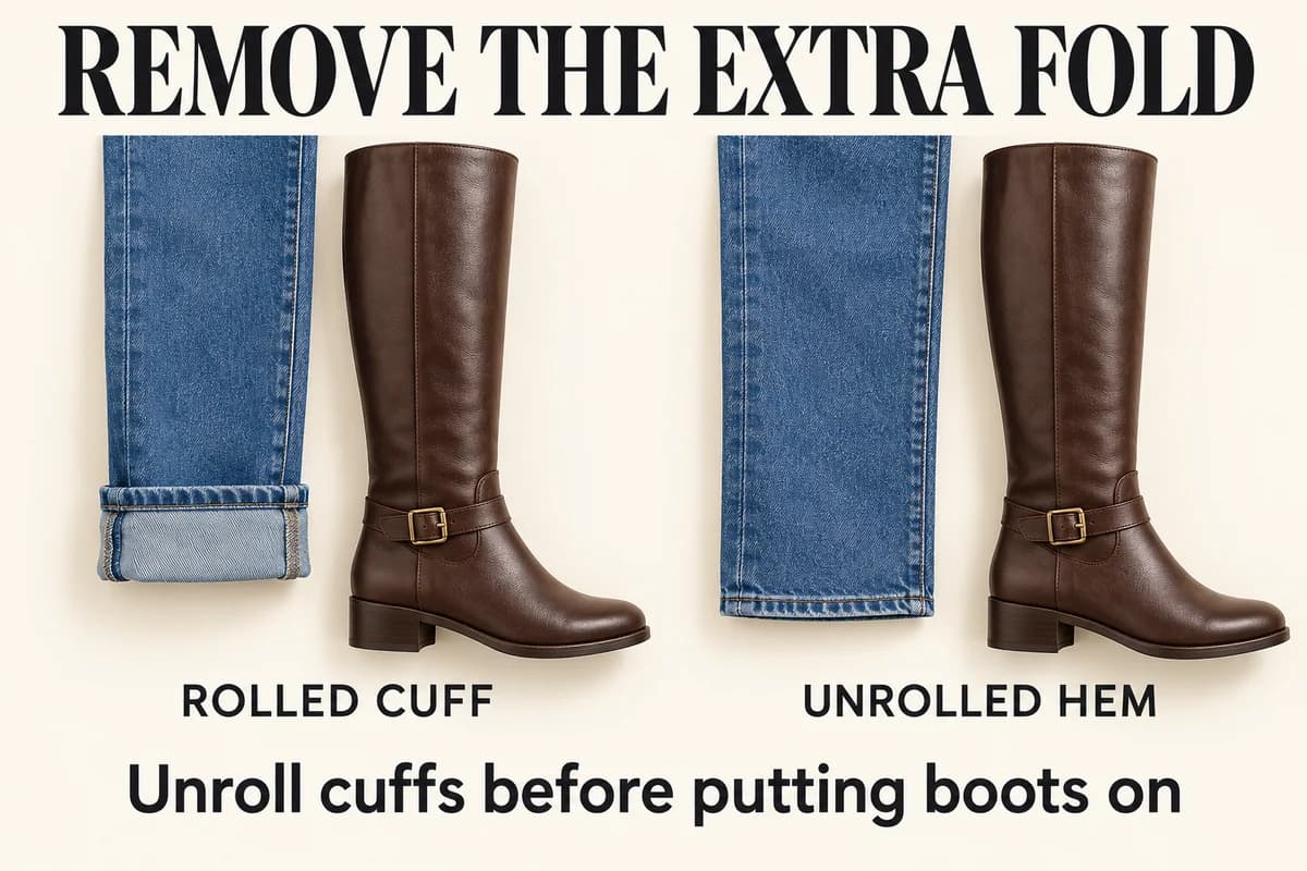 Rolled and unrolled hems on the same jeans beside identical knee boots show the doubled fabric a cuff would add inside the shaft.
