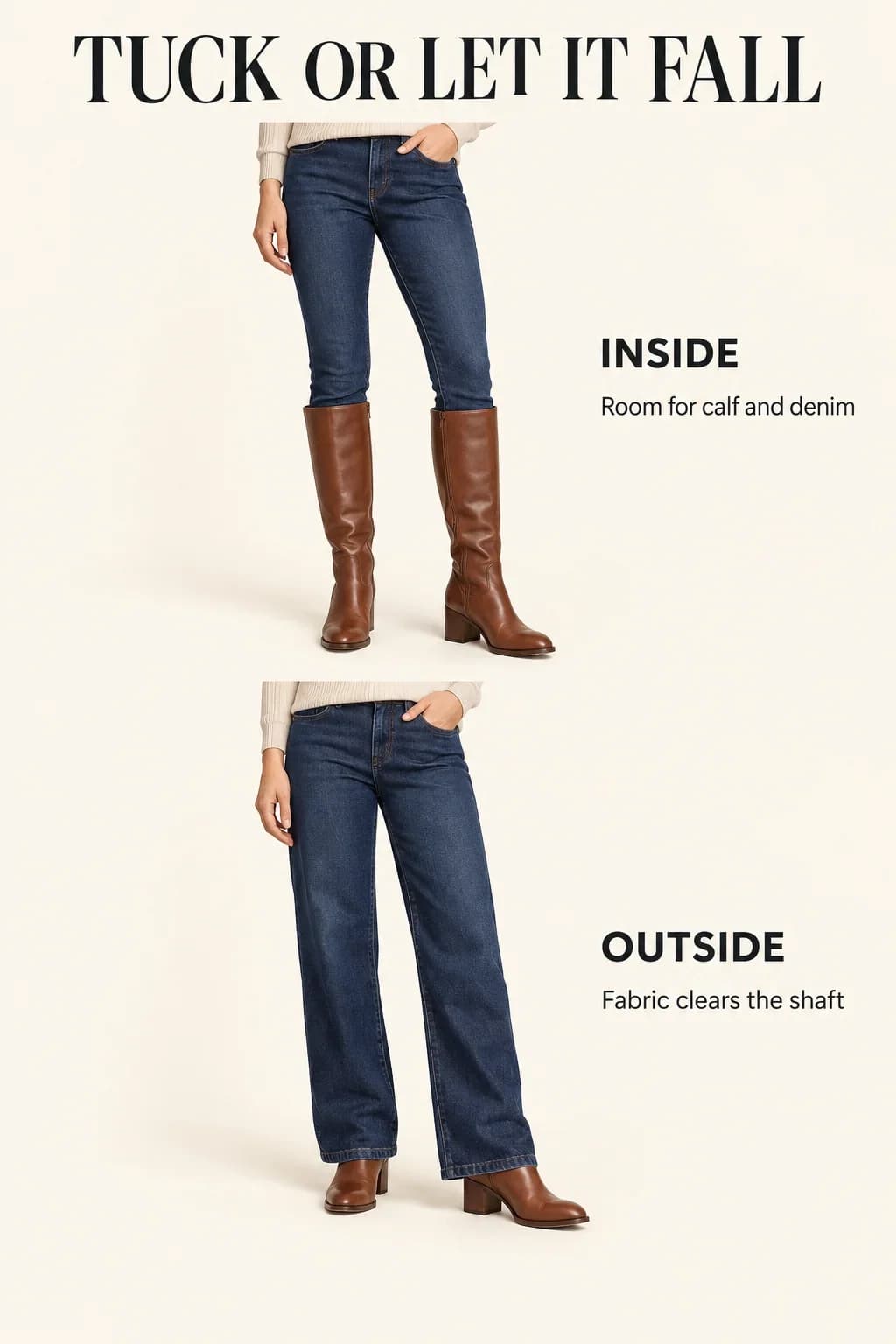 Slim jeans inside the boots and wider jeans falling outside their shafts.
