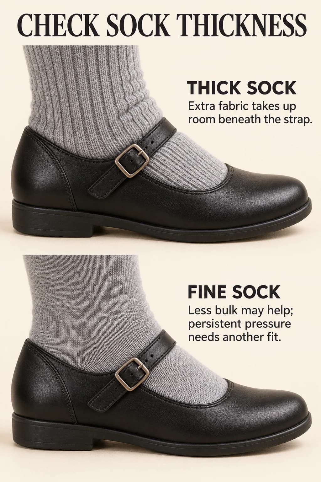 Thick and fine gray socks in the same strapped shoe illustrate how sock bulk changes available room, with a reminder that persistent pressure needs another fit.