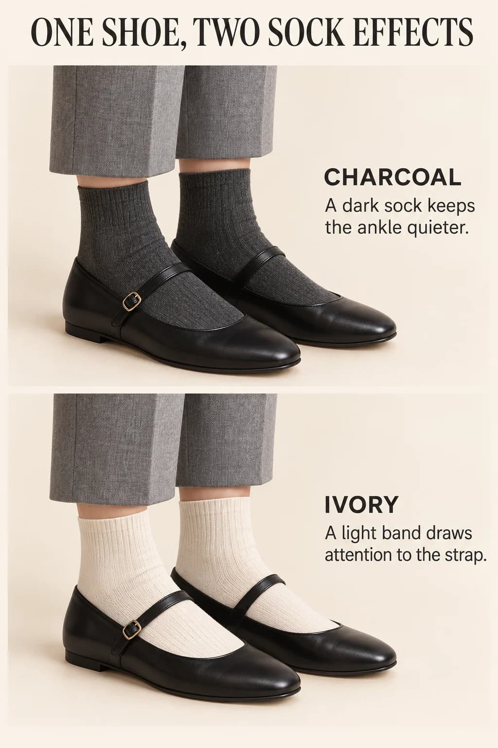 Charcoal and ivory socks between identical cropped trousers and Mary Janes demonstrate blended and contrasting ankle bands.