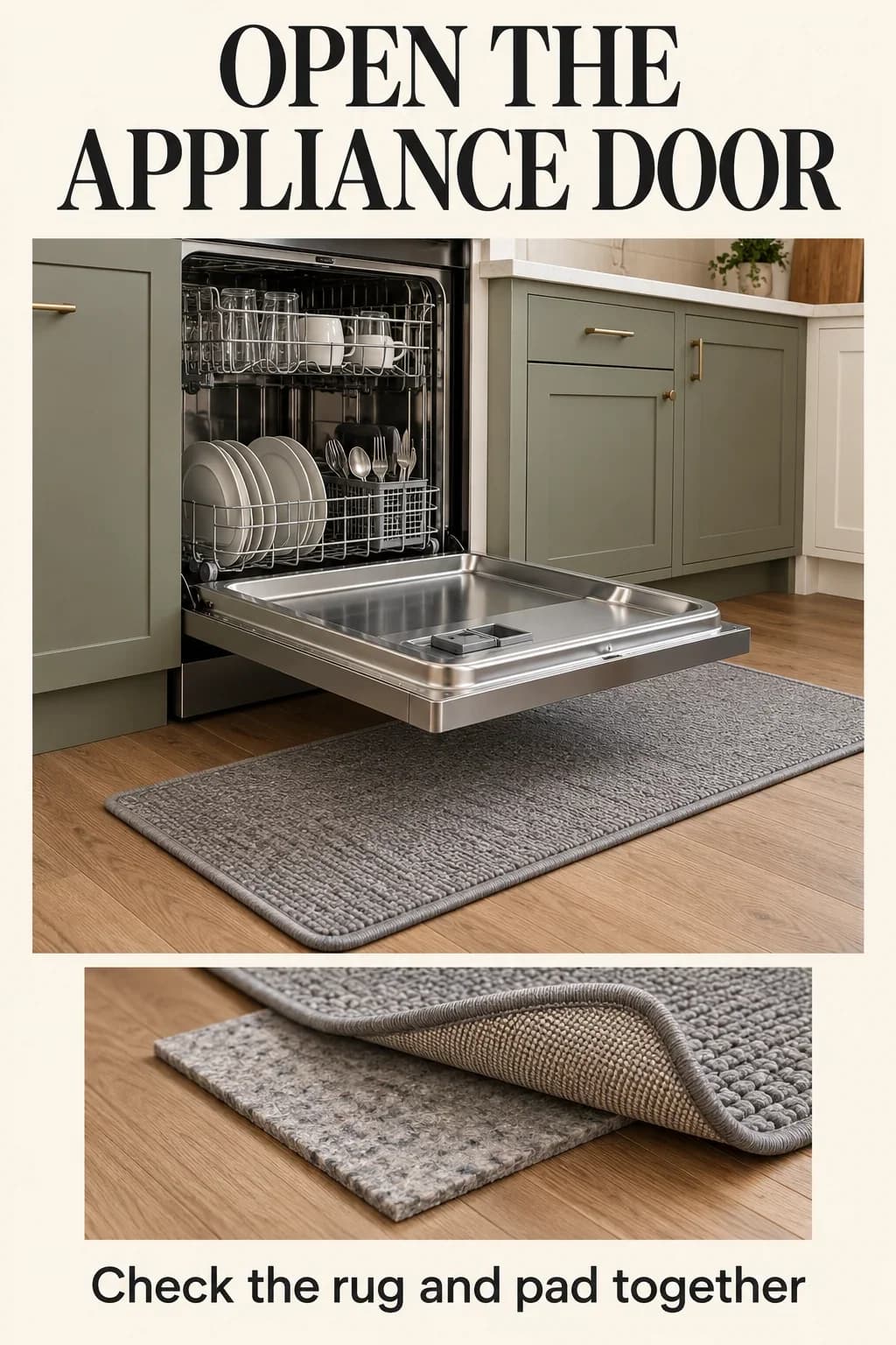 A fully lowered dishwasher door clears a flat floor mat; a detail of rug and pad layers explains why both thicknesses need checking.
