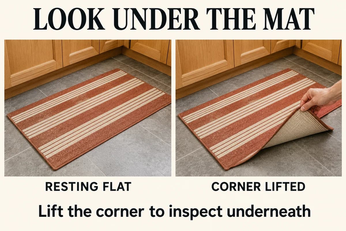 The same kitchen mat lies flat and has a corner lifted to reveal its backing and floor for inspection.