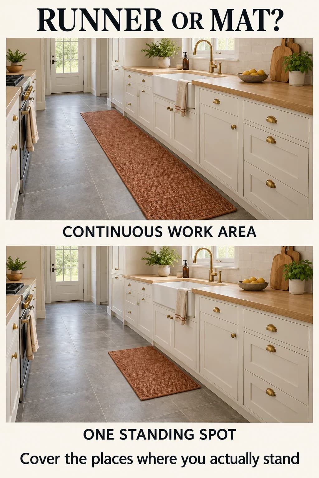 A long runner covers sink and adjacent prep space, while a small mat concentrates coverage at the sink in the same kitchen.