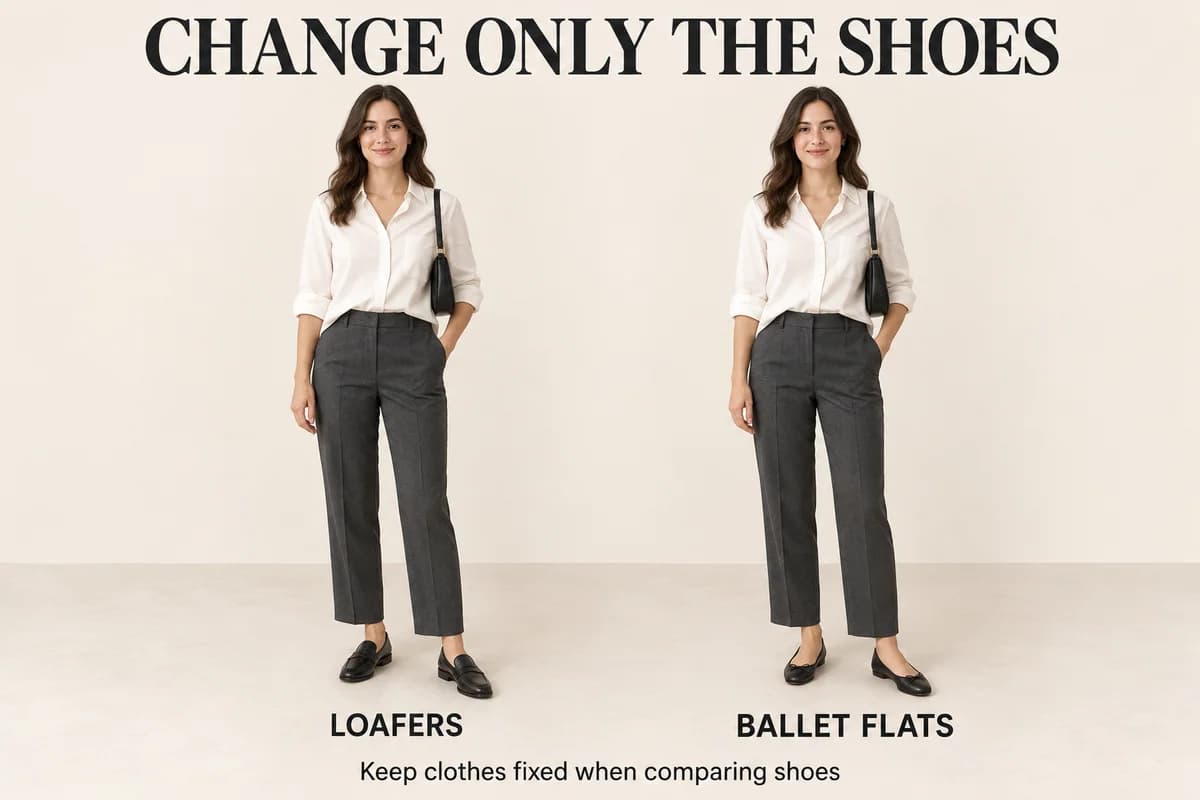 The same cropped charcoal trousers and ivory shirt with black loafers and black ballet flats isolate how shoe coverage changes the visible ankle gap.