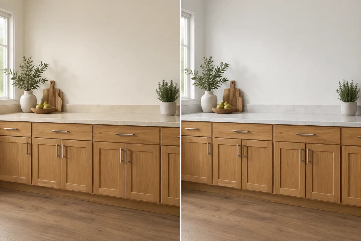 Identical honey-oak cabinets with a warm off-white wall beside cream counters and a less creamy wall beside cool white counters.