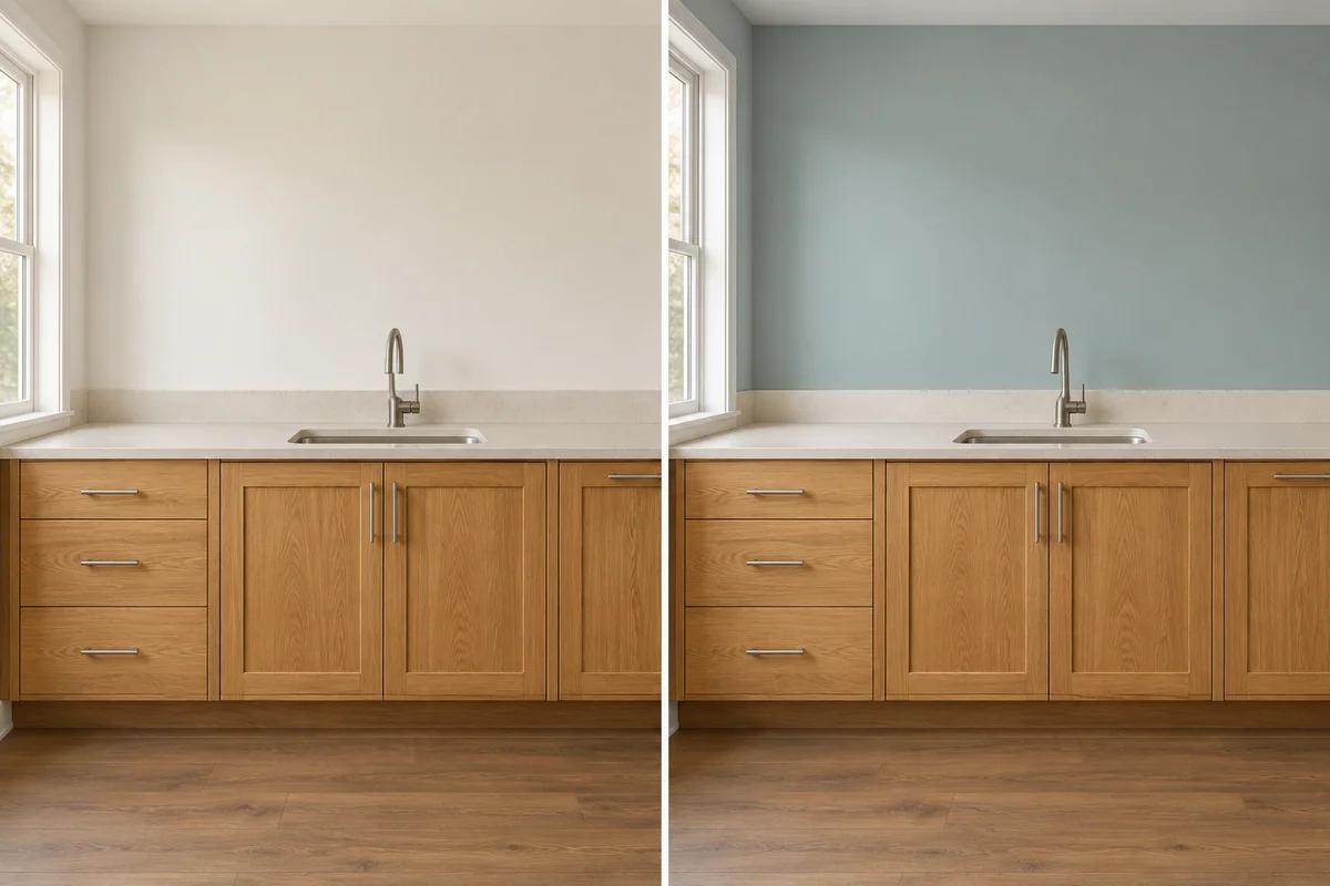 The same honey-oak kitchen against warm off-white walls and muted blue-green walls, showing a quieter relationship versus stronger contrast.