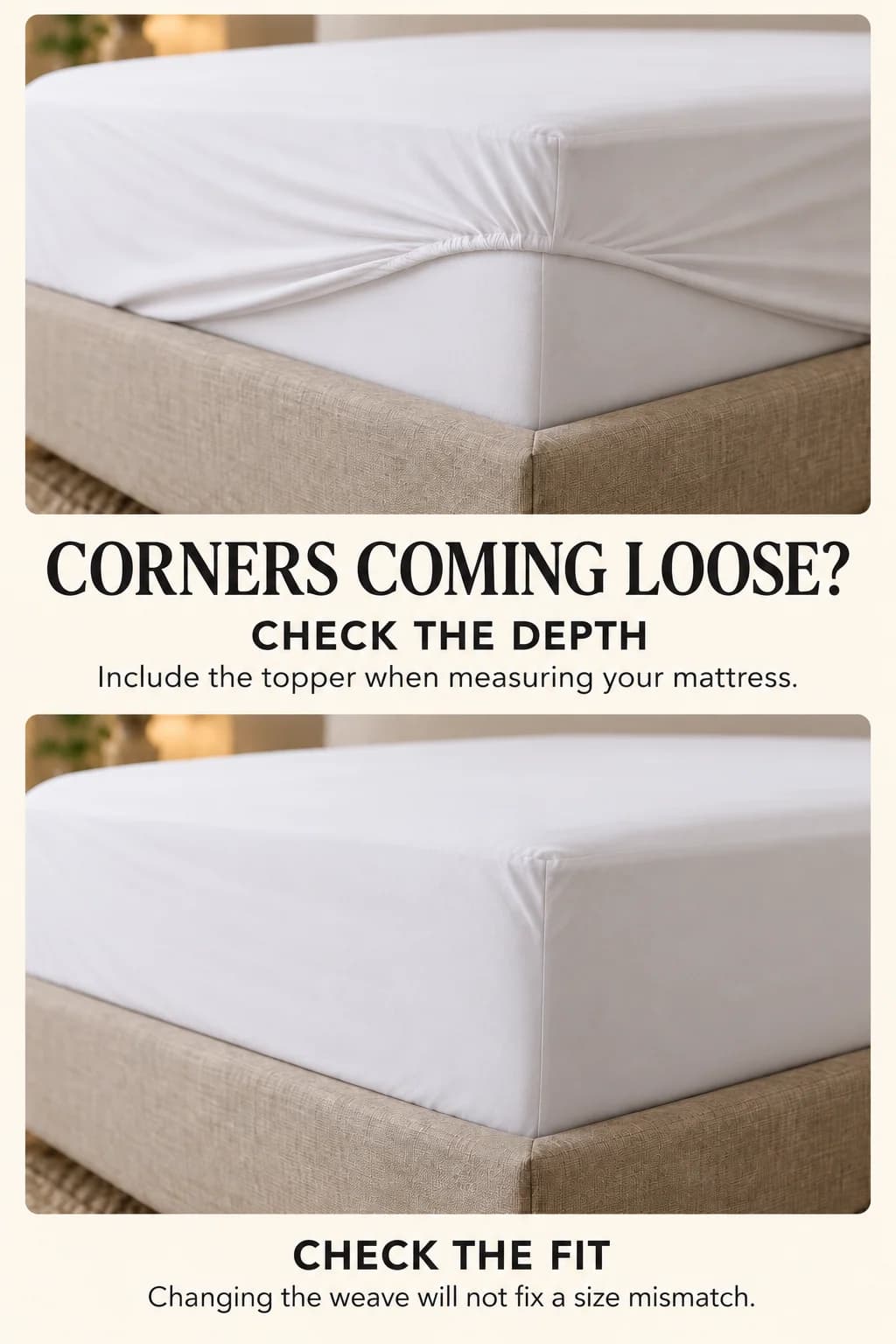 A fitted sheet failing to cover a mattress corner compared with an appropriately fitted pocket shows why mattress-plus-topper depth matters separately from weave.