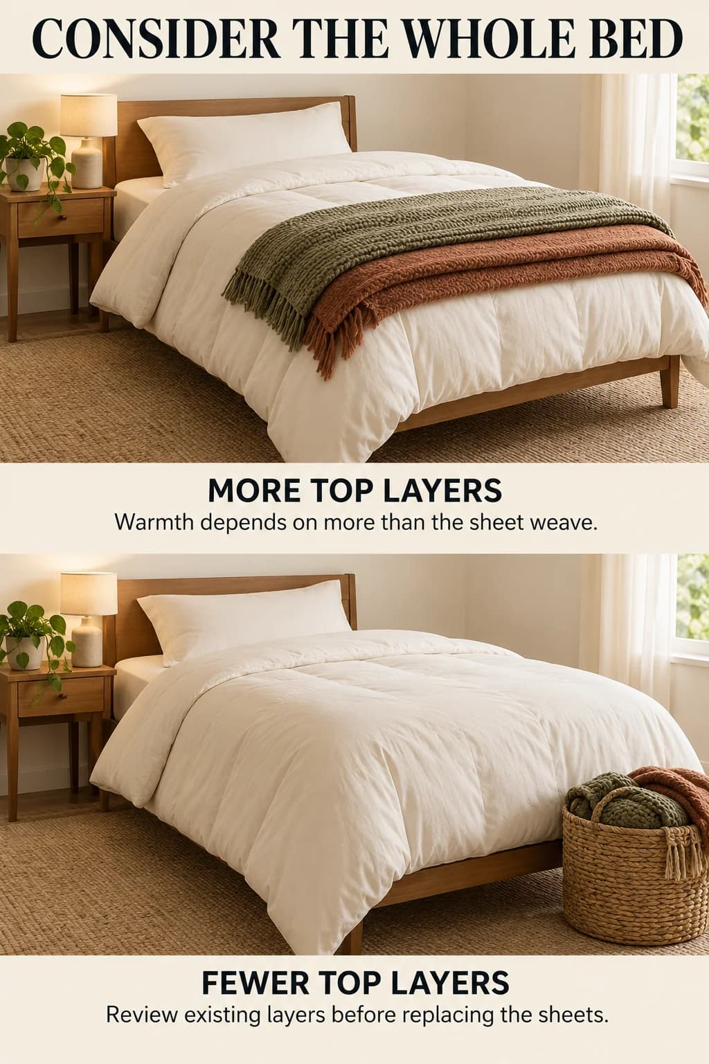 The same cotton sheet on a bed with several top layers and with fewer top layers illustrates assessing the whole bedding arrangement before blaming the weave.