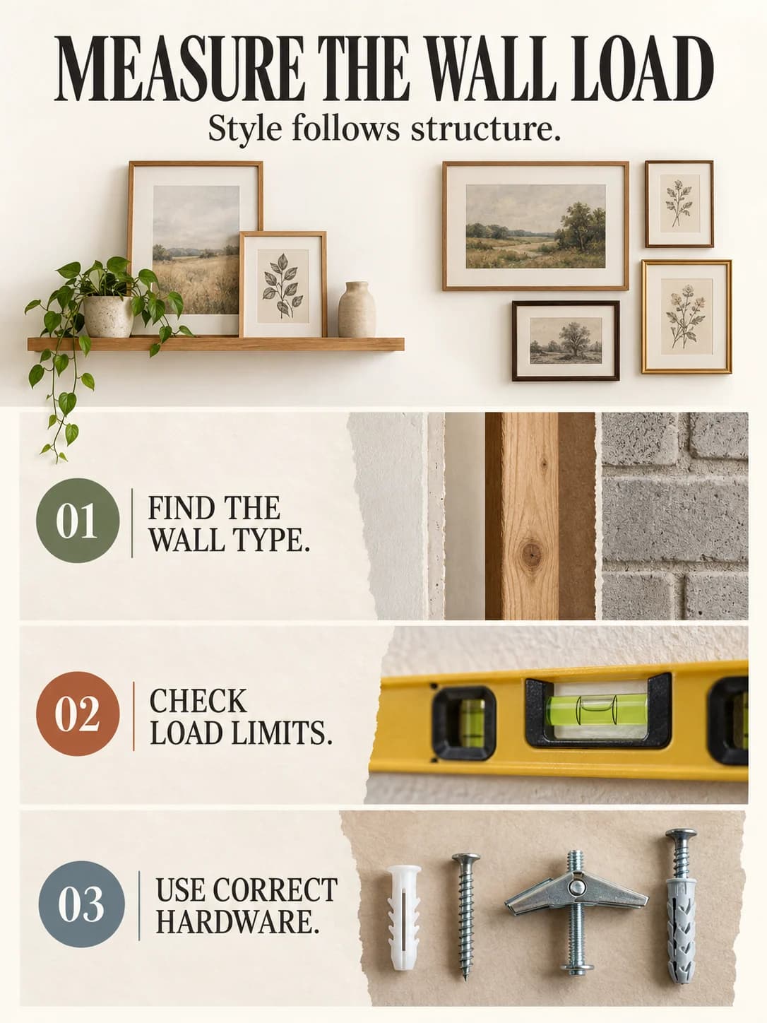 MEASURE THE WALL LOAD guide for picture ledge vs gallery wall