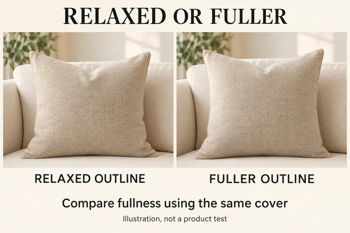 The same illustrated pillow cover has a relaxed and a fuller outline; the comparison shows appearance without claiming a tested insert result.