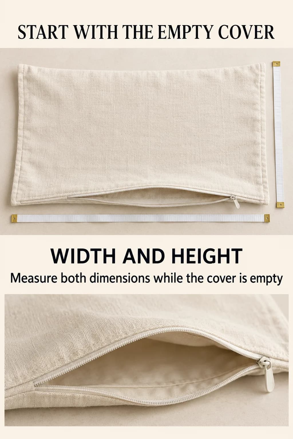An empty lumbar cover lies flat with both seam-to-seam dimensions identified, avoiding measurements over a stuffed pillow curve.