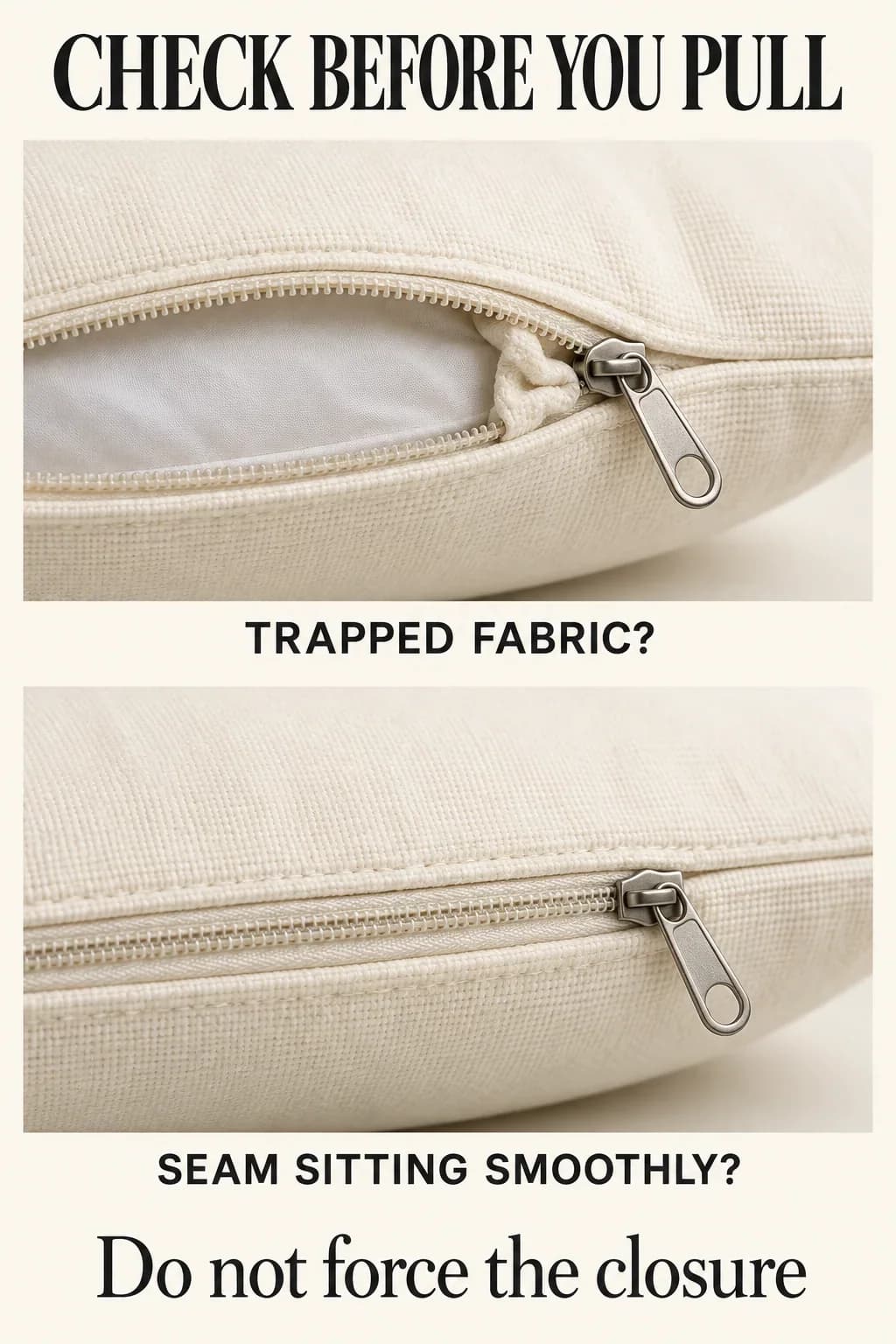 Pillow zipper details showing trapped fabric and a smoothly closed seam.