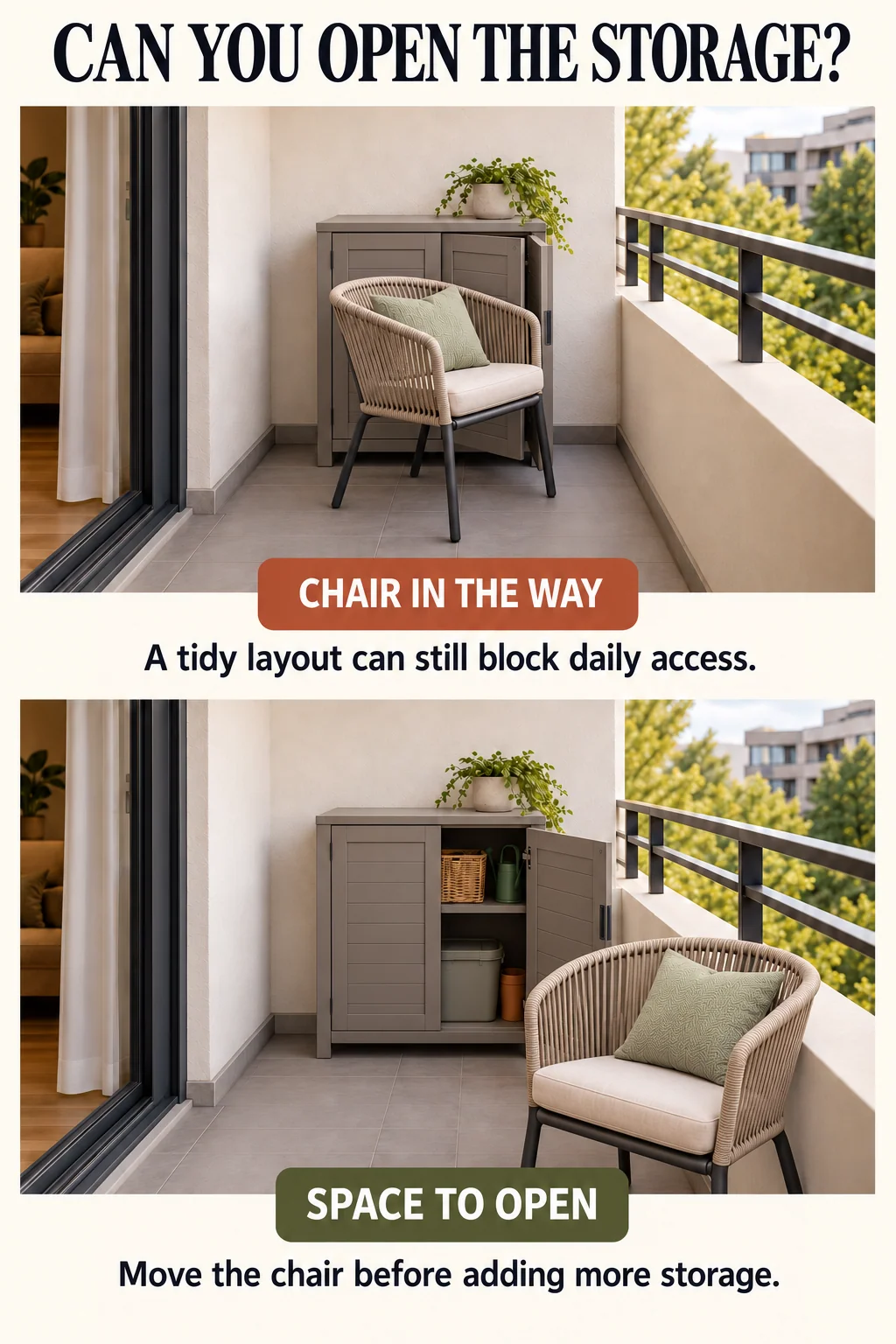 Moving one chair away from a cabinet allows its door to open, showing why a balcony layout must be assessed while in use.