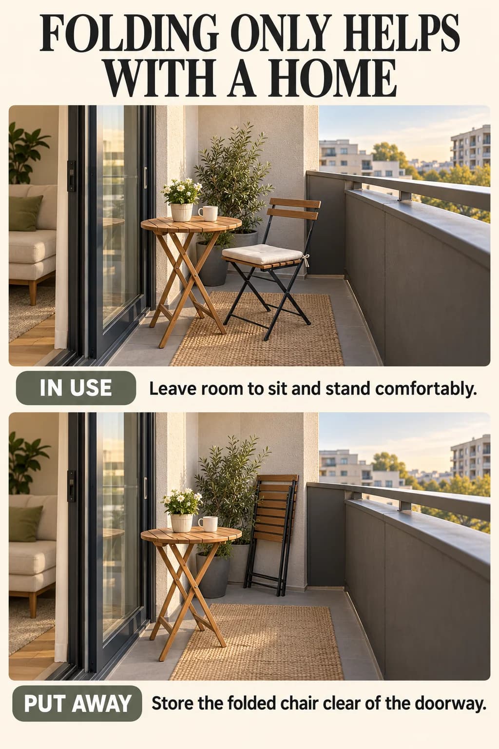 The same folding chair in use and stowed beside the building wall illustrates that space saving depends on an accessible storage location.