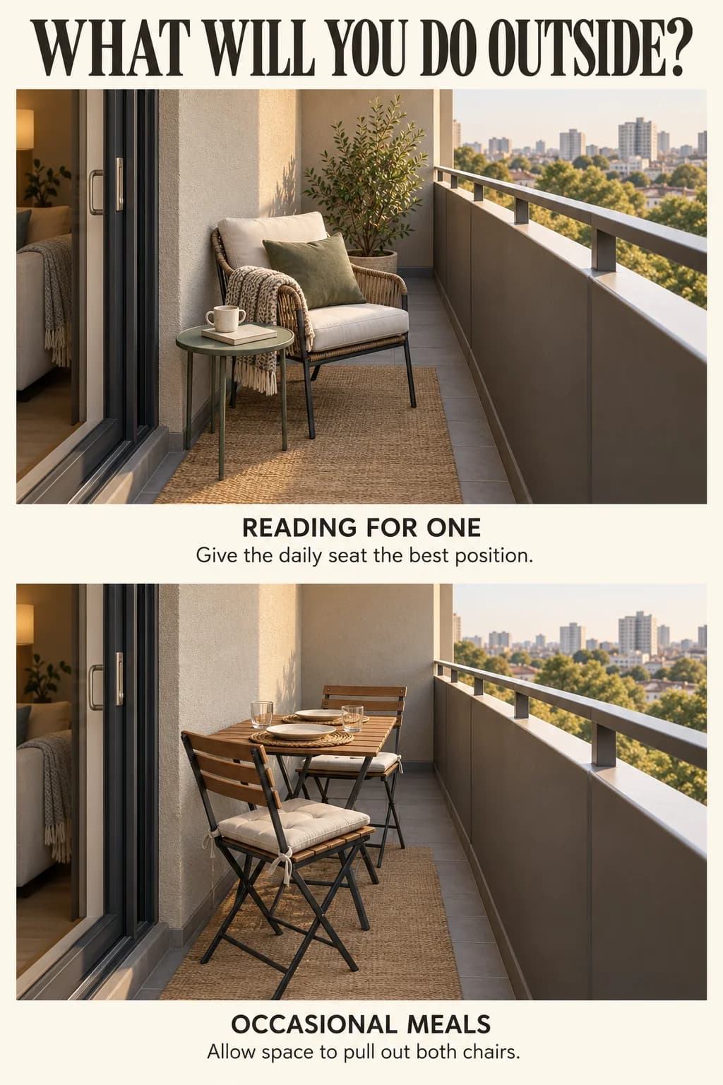 A reading perch and occasional two-person dining arrangement demonstrate prioritizing the balcony’s main activity and occupied furniture space.