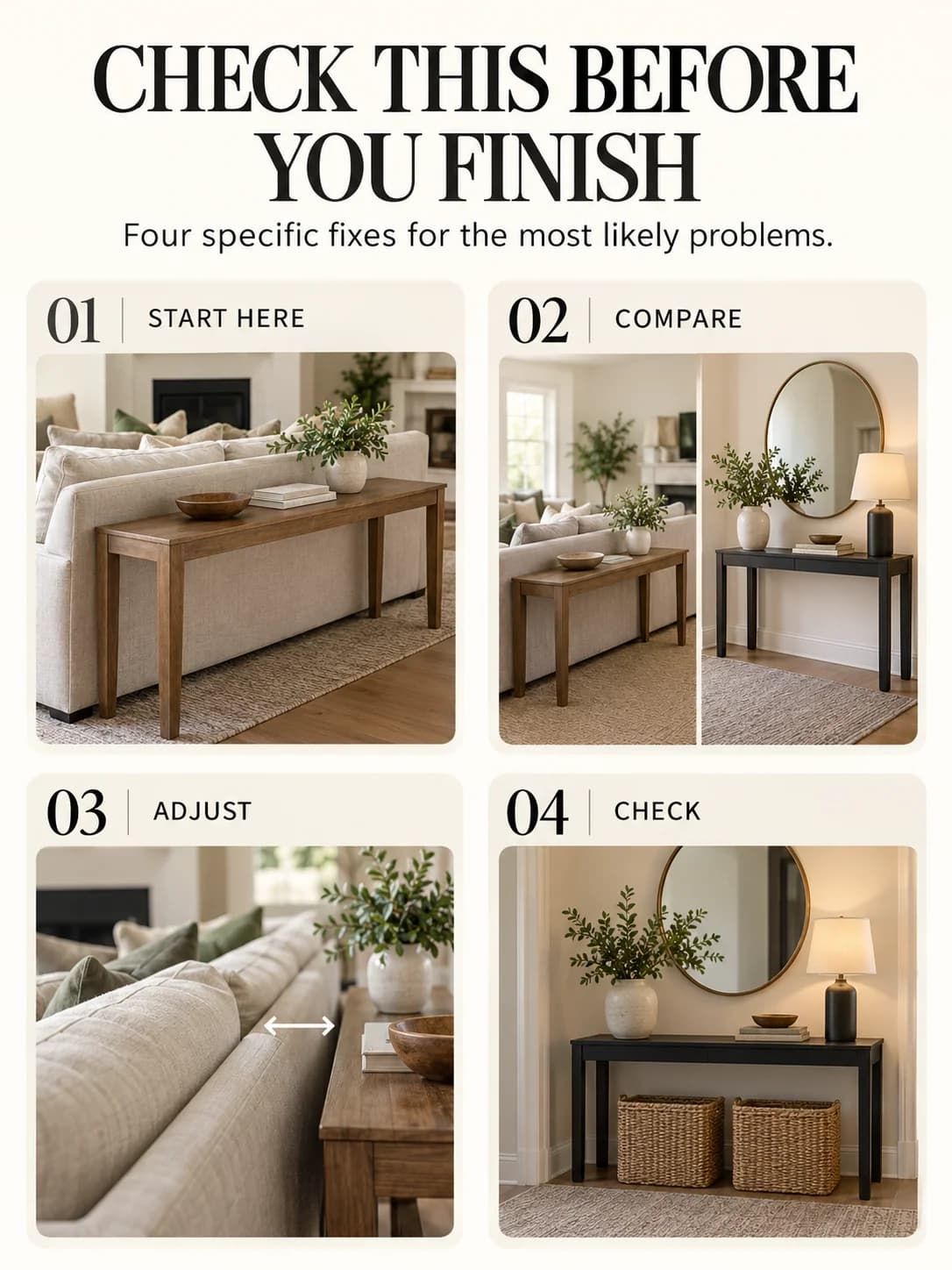 Educational guide for sofa table vs console table: Four specific fixes for the most likely problems.