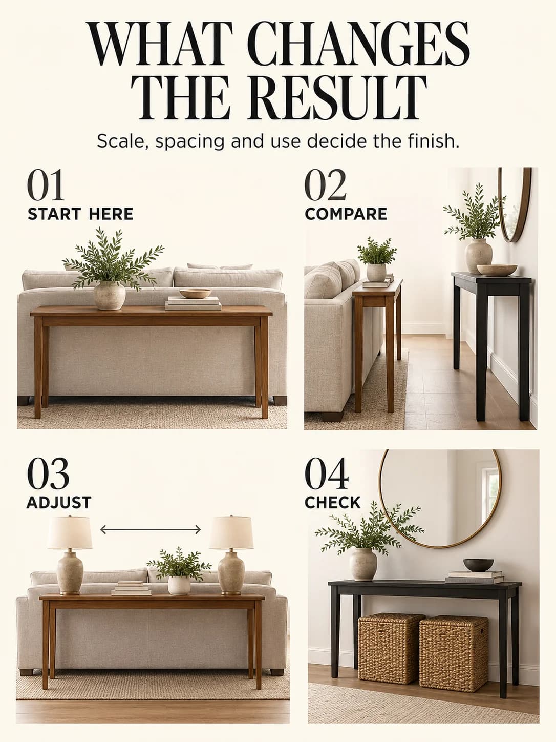 Educational guide for sofa table vs console table: Scale, spacing and use decide the finish.