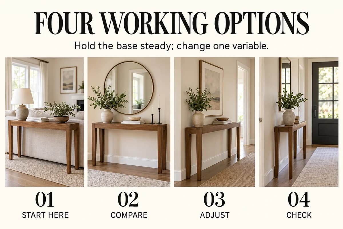 Educational guide for sofa table vs console table: Hold the base steady; change one variable.