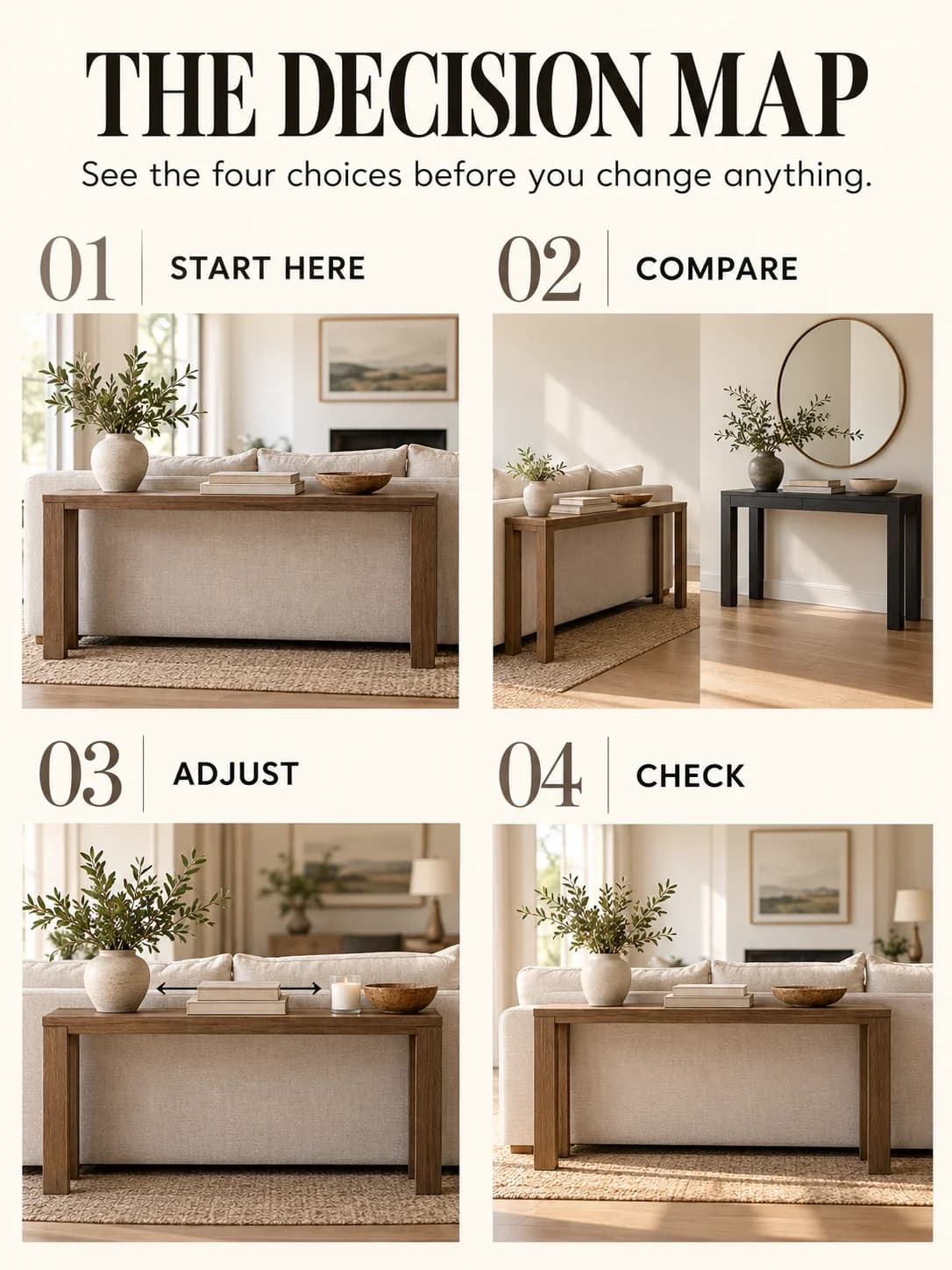 Educational guide for sofa table vs console table: See the four choices before you change anything.