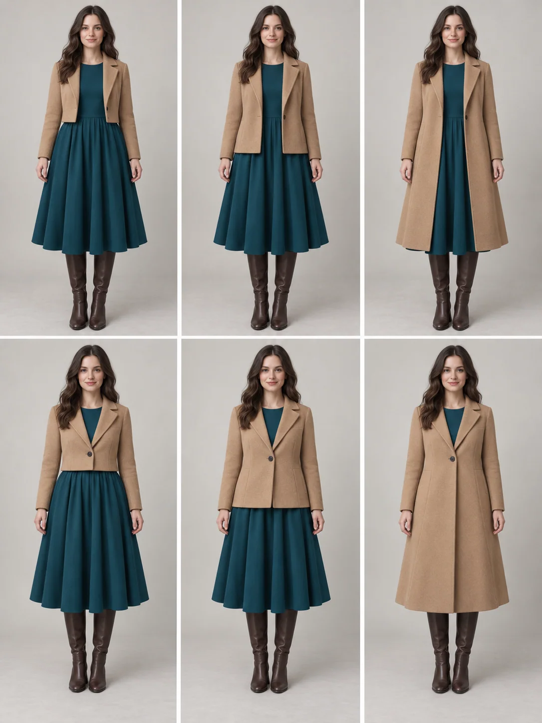 A full teal midi skirt stays unchanged under cropped, hip-length and long camel coats, with open and closed views.