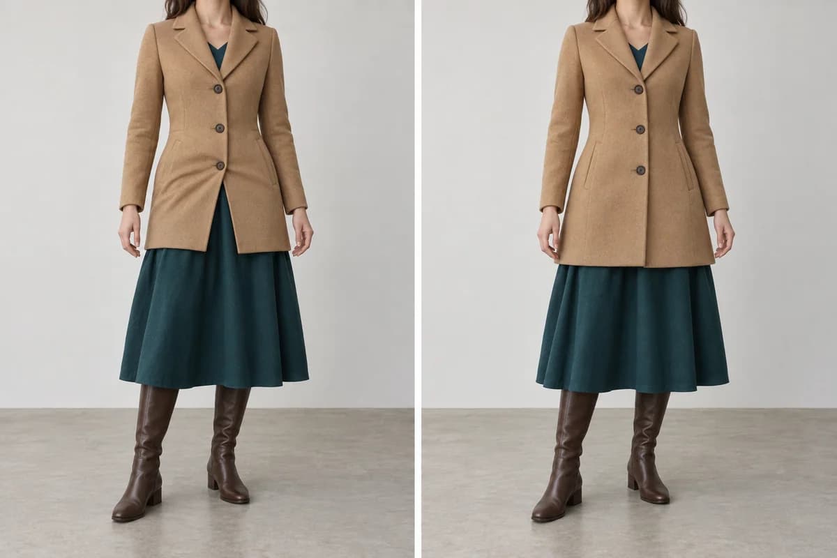 Two coats end at the same low-hip point: one compresses the full teal skirt, while the roomier cut lets it fall freely.