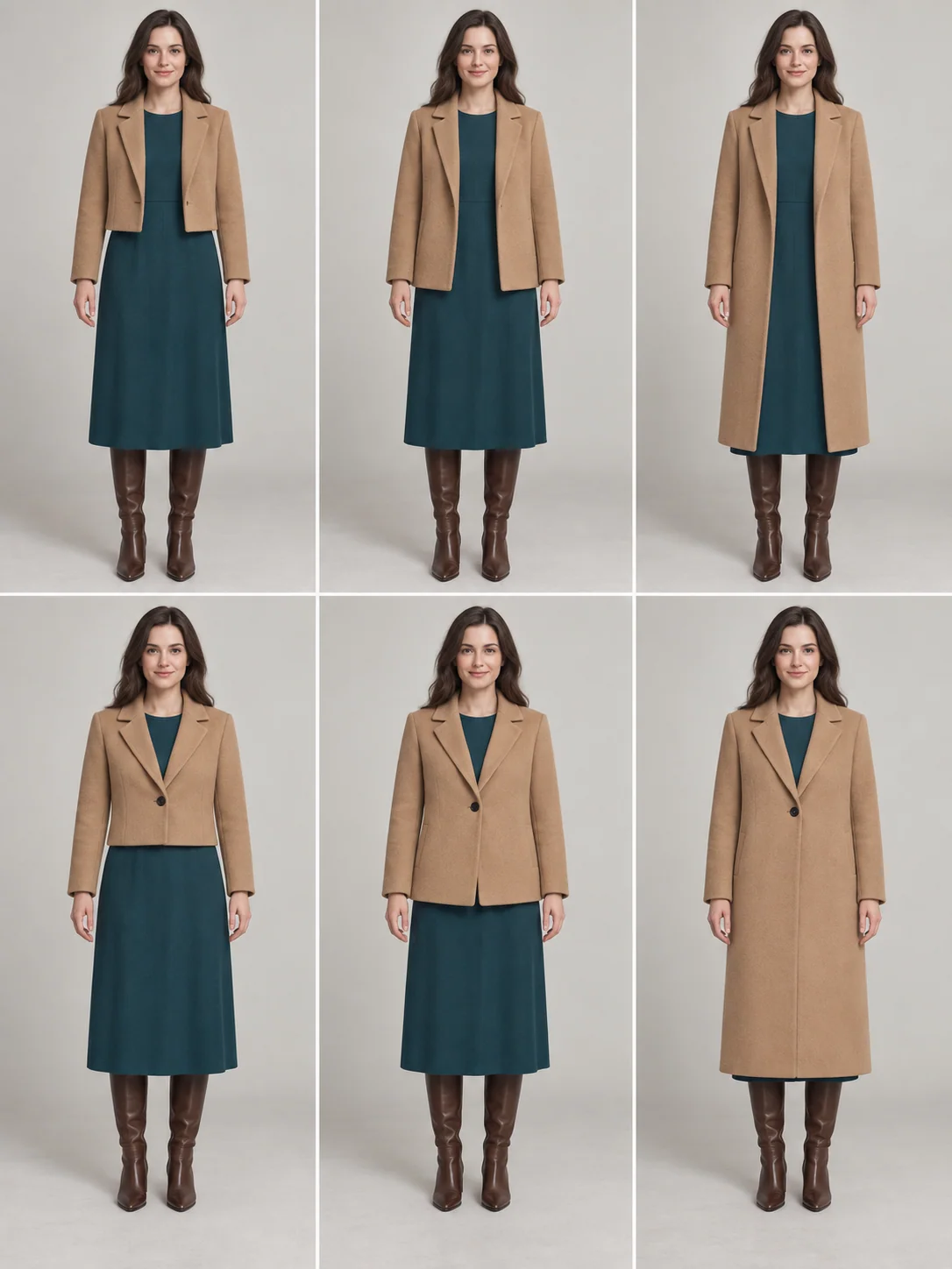 The same straight teal midi dress under cropped, hip-length and long camel coats, shown open above and closed below.