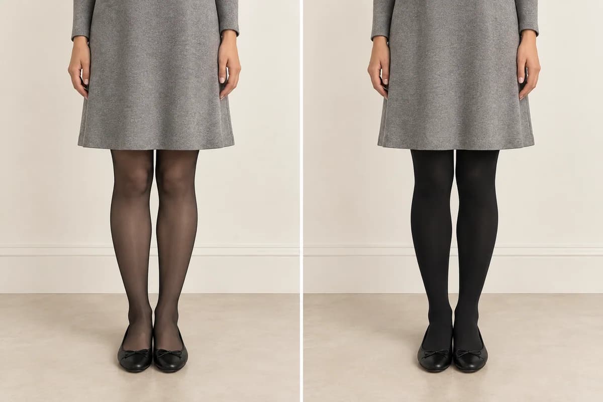 Same gray dress and black flats with sheer and opaque black tights.