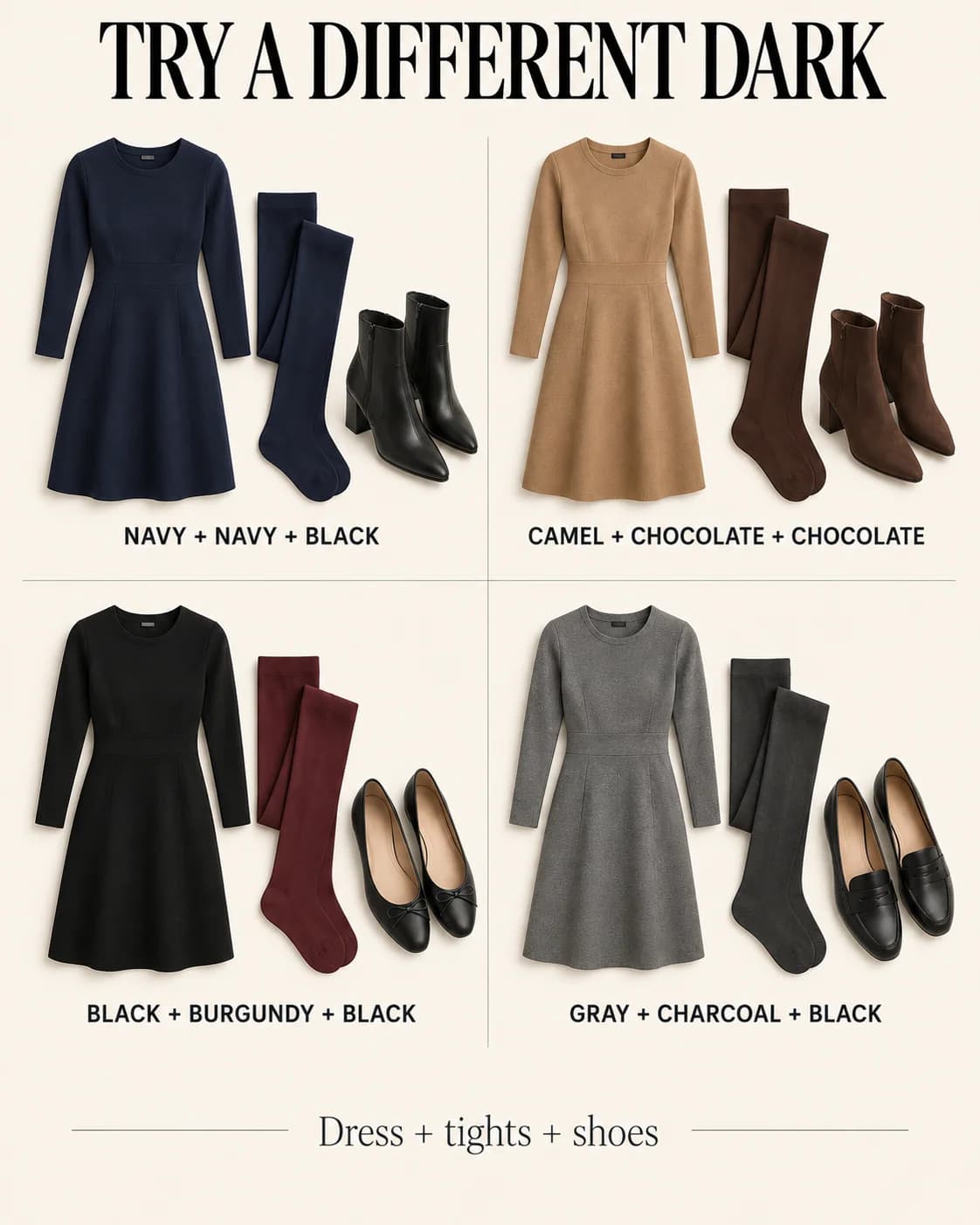 Four labeled dress-to-tights-to-shoe palettes with real garment cutouts.