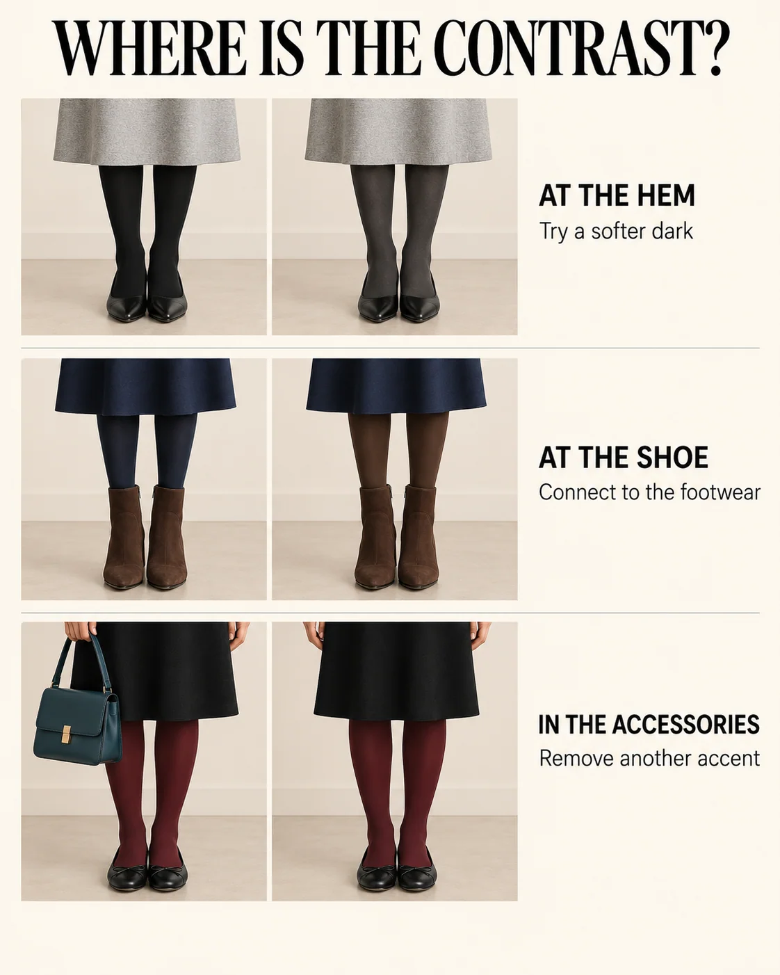 A dress hem, shoe opening and accent palette identify where to adjust a tights outfit.