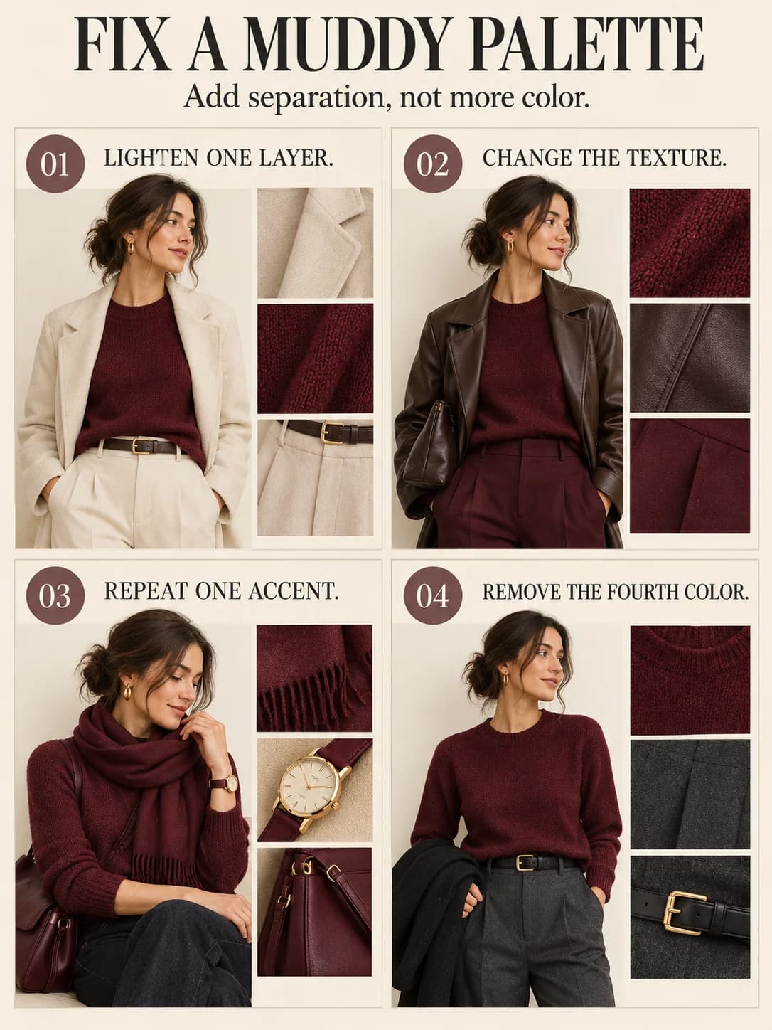 FIX A MUDDY PALETTE guide for what colors go with burgundy clothes