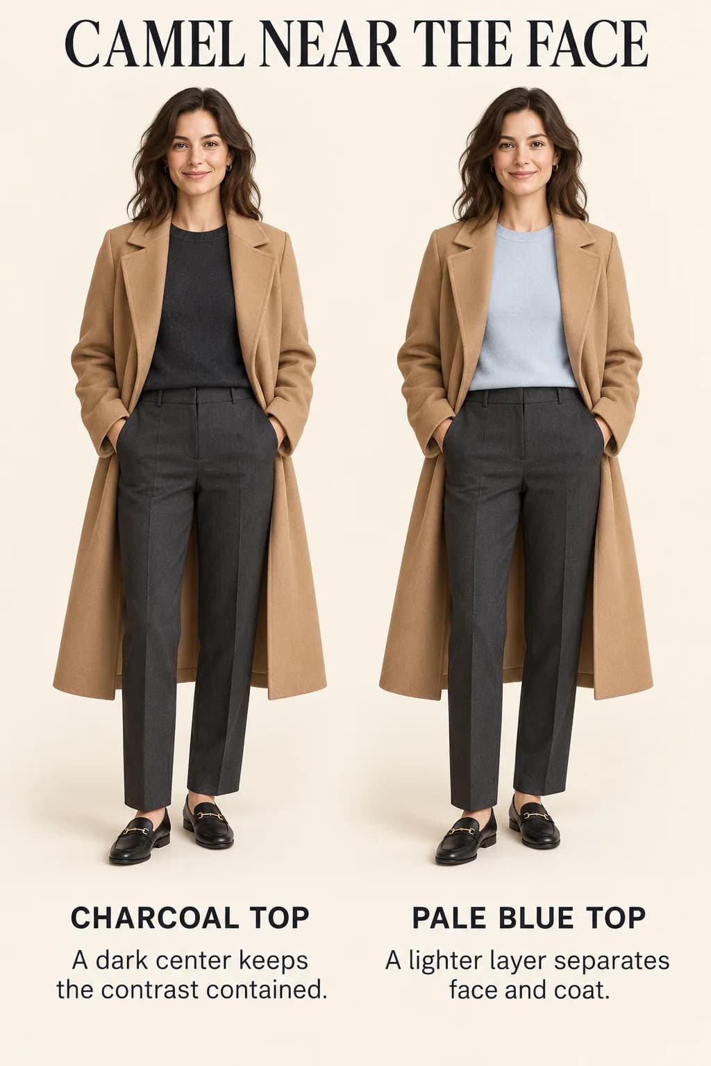 Changing a charcoal top to pale blue beneath the same camel coat adds a light, cool-looking break at the neckline.