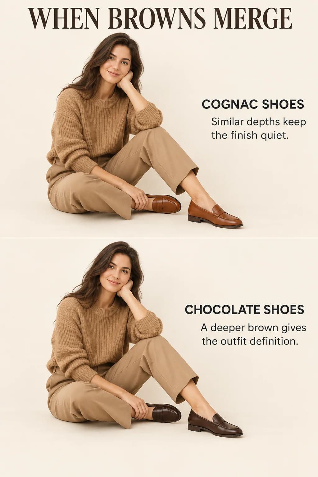 The same camel-and-tan outfit ends with cognac or chocolate shoes, showing how a darker finish adds definition.