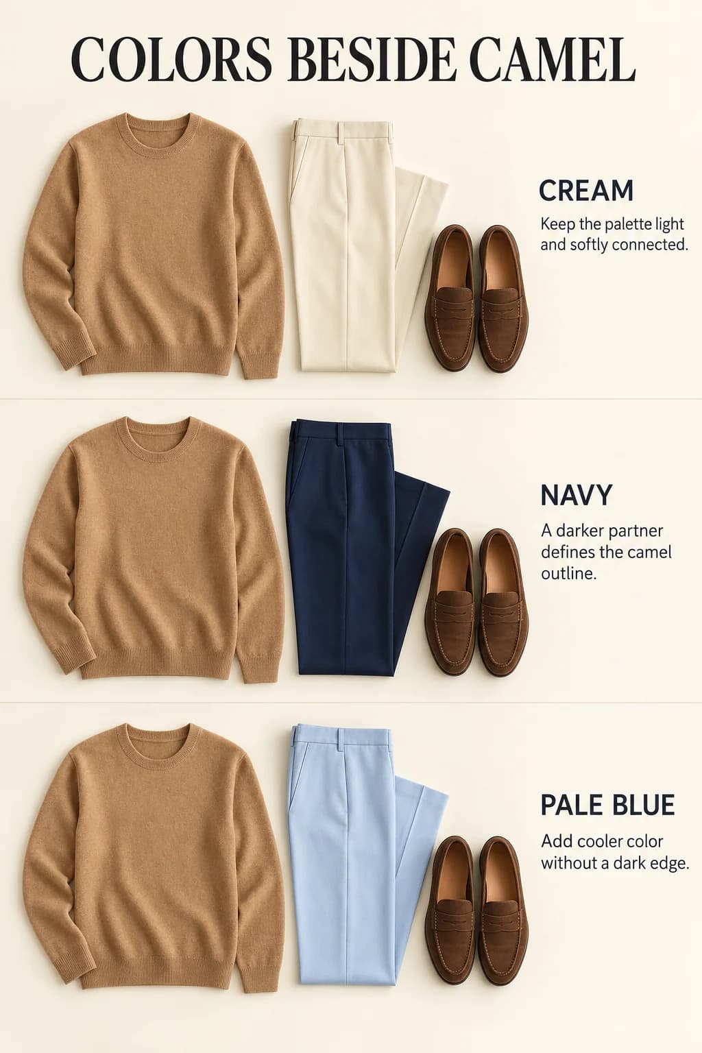 The same camel sweater with cream, navy and pale-blue trousers shows soft, dark and cool-light contrast.
