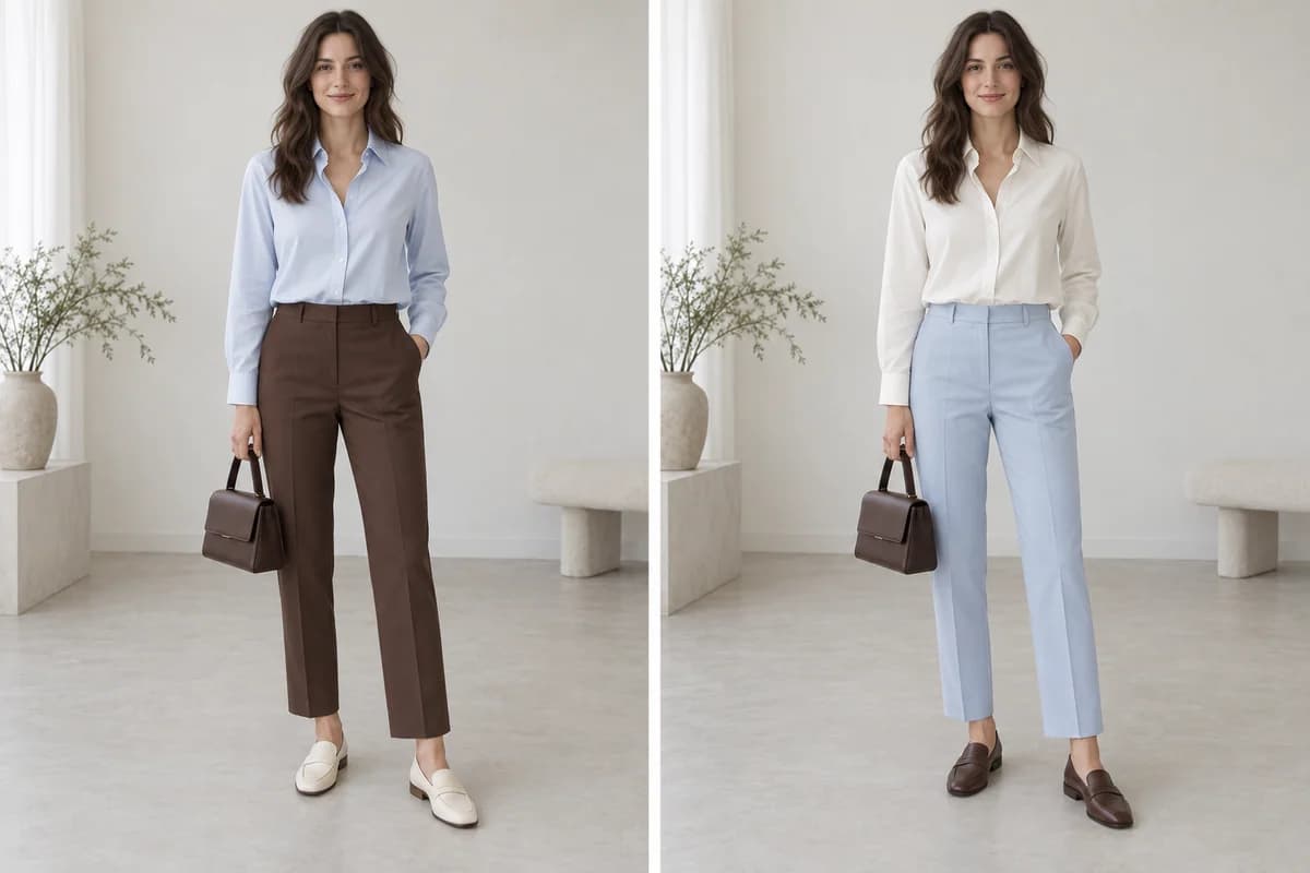 Chocolate trousers with a pale-blue shirt and ivory shoes beside pale-blue trousers, an ivory shirt and chocolate accessories.