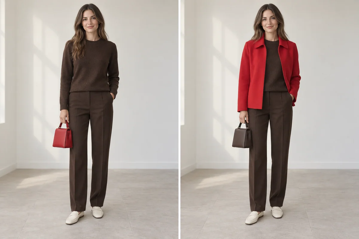 A chocolate-brown outfit with a small red bag beside the same base outfit with a red jacket and brown bag.