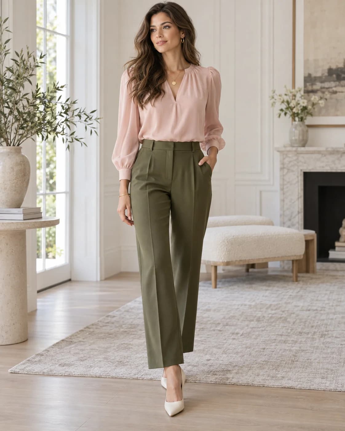 Olive green styled with blush pink and ivory