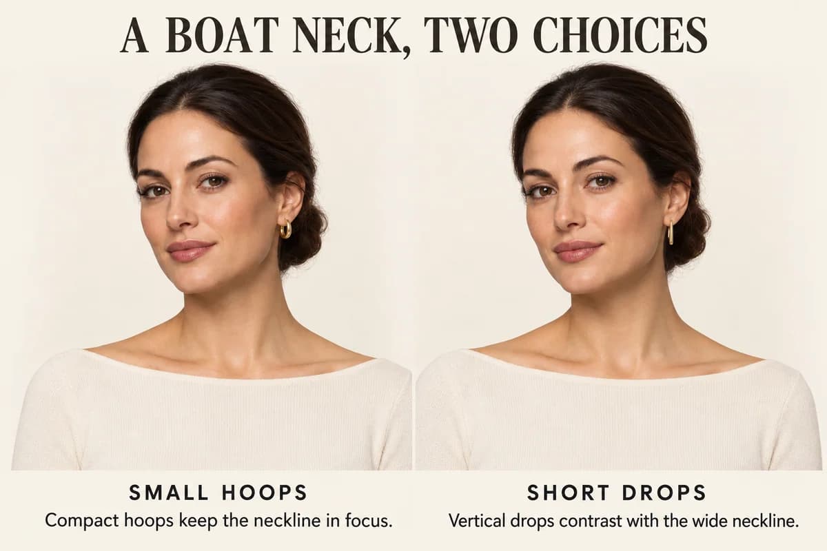 Small gold hoops quietly accompany an ivory boat neck, while short linear drops create a vertical contrast against the same neckline.