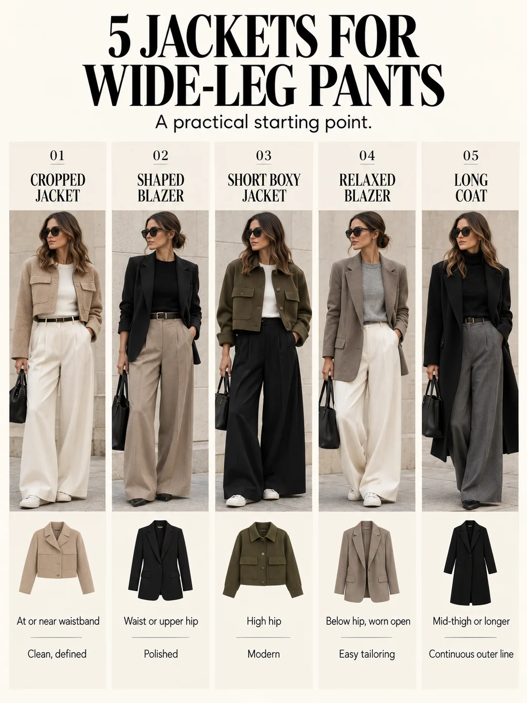 Educational guide: 5 jackets for wide-leg pants