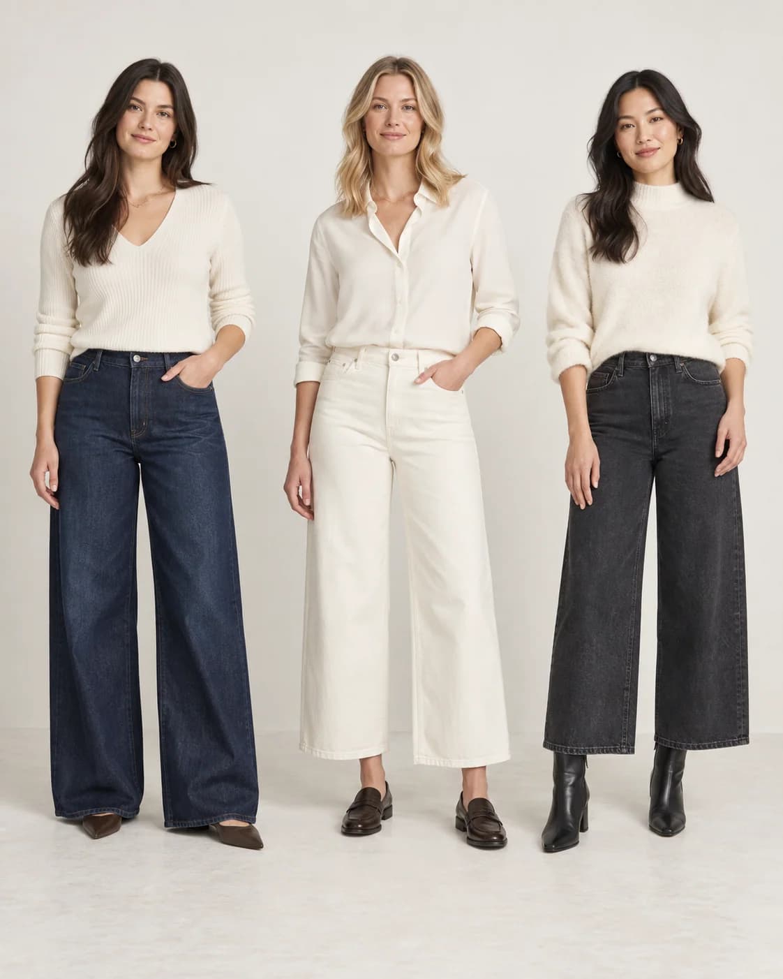 Three women showing full-length wide-leg jeans with pointed flats, ankle-length wide-leg jeans with loafers, and cropped wide-leg jeans with slim ankle boots.